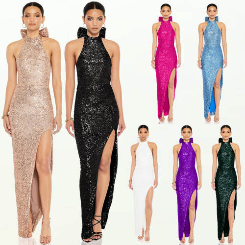Hanging neck big bow sequin slit dress