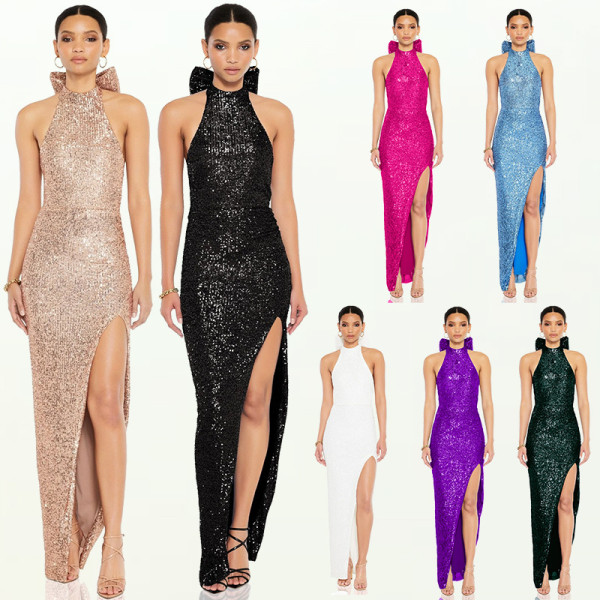 Hanging neck big bow sequin slit dress