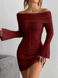 Off shoulder one shoulder long sleeved knitted dress short skirt