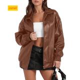 Solid color leather jacket long sleeved lapel zipper side pocket jacket