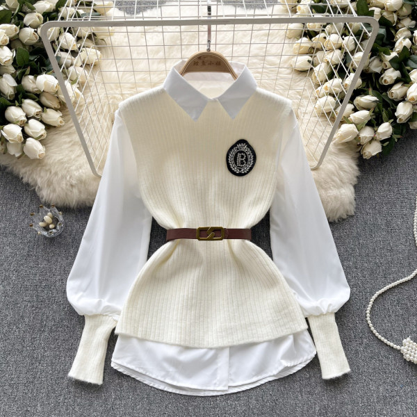 Solid color loose long sleeved shirt+knitted vest