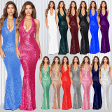Sleeveless backless dress with neck hanging sequin fish tail dress