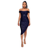 Sequined one shoulder pleated dress