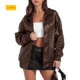 Solid color leather jacket long sleeved lapel zipper side pocket jacket