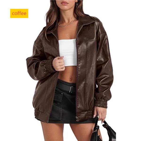 Solid color leather jacket long sleeved lapel zipper side pocket jacket