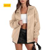 Solid color leather jacket long sleeved lapel zipper side pocket jacket