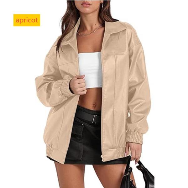 Solid color leather jacket long sleeved lapel zipper side pocket jacket