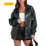 Solid color leather jacket long sleeved lapel zipper side pocket jacket