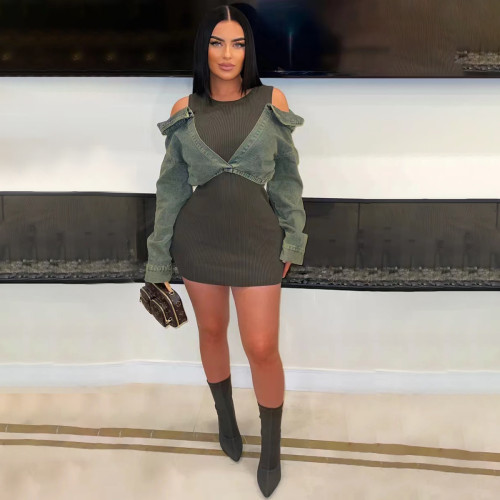 Woven cotton detachable denim patchwork hip hugging dress