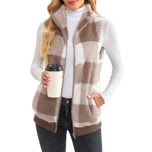 Plaid comfortable velvet cardigan vest stand up collar sleeveless jacket