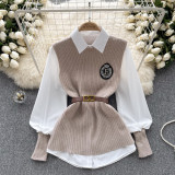 Solid color loose long sleeved shirt+knitted vest