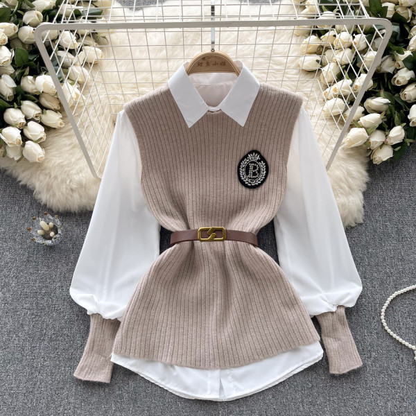 Solid color loose long sleeved shirt+knitted vest