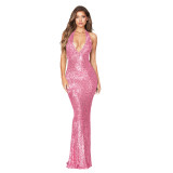 Sleeveless backless dress with neck hanging sequin fish tail dress