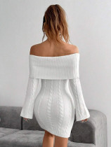 Off shoulder one shoulder long sleeved knitted dress short skirt