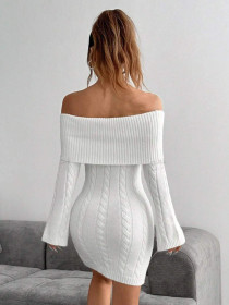 Off shoulder one shoulder long sleeved knitted dress short skirt