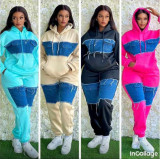 Irregular contrasting splicing denim hoodie hooded set