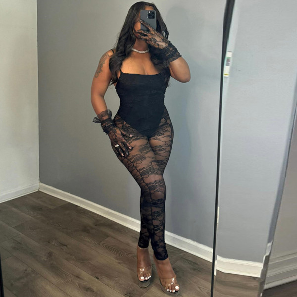 Women's suspender splicing perspective hollow high elasticity jumpsuit