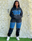 Irregular contrasting splicing denim hoodie hooded set