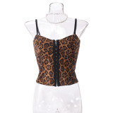 Leopard striped ribbon buckle sleeveless hollow out backless camisole top for slimming effect