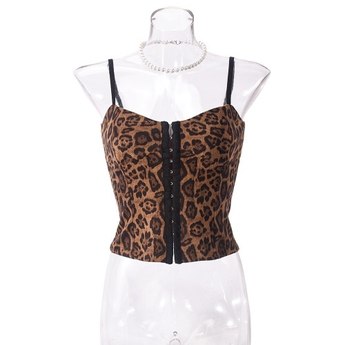 Leopard striped ribbon buckle sleeveless hollow out backless camisole top for slimming effect
