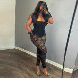 Women's suspender splicing perspective hollow high elasticity jumpsuit