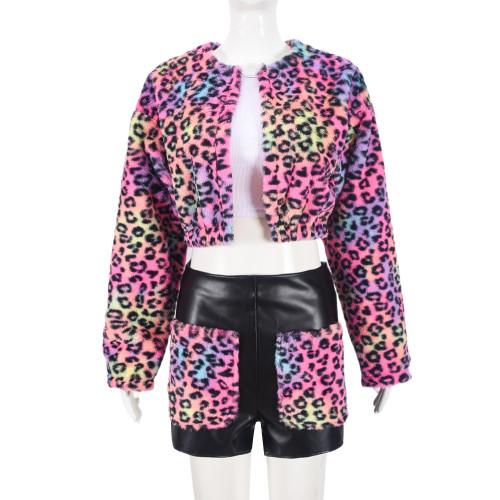 Two piece set with thickened fur and exposed navel hollow short outfit