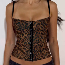 Leopard striped ribbon buckle sleeveless hollow out backless camisole top for slimming effect