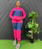 Irregular contrasting splicing denim hoodie hooded set