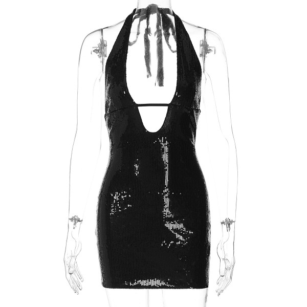 Deep V hollow out backless hanging neck and hip bag dress
