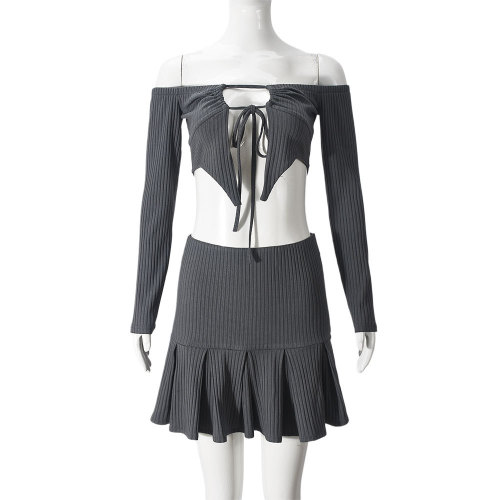 Hollow out one collar tied top and short skirt set