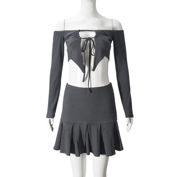 Hollow out one collar tied top and short skirt set