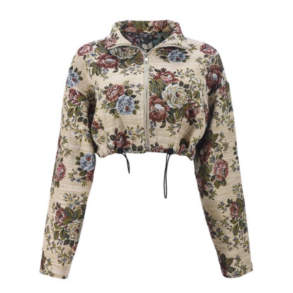 Umbilical drawstring jacquard long sleeved jacket