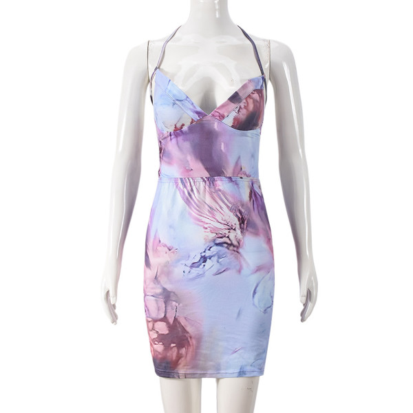 Sling dress with hollowed out color blocked print, V-neck strap, one-step skirt