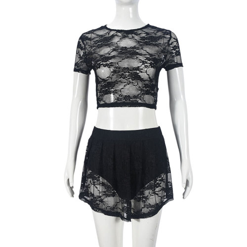 Lace high elasticity hollow out exposed navel short sleeved skirt pants set