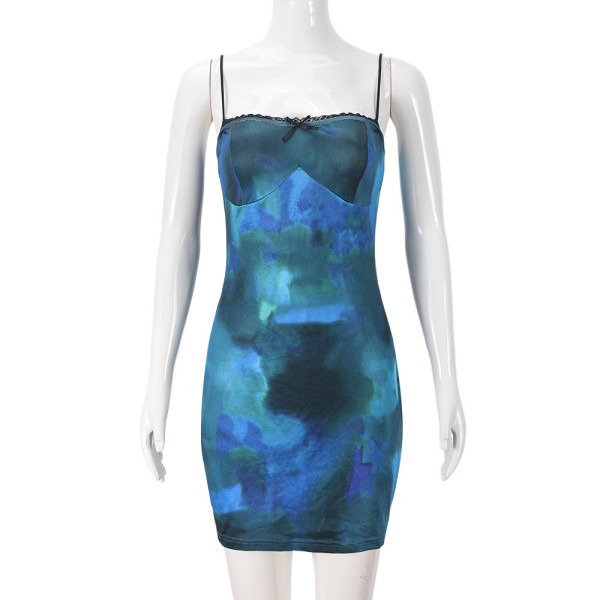 Backless printed zipper lace suspender one-piece skirt