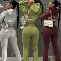 Embroidered hooded sweatshirt high waisted pants set