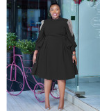 Polka dot mesh see through lantern sleeves waist cinched plus size dress