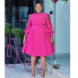 Polka dot mesh see through lantern sleeves waist cinched plus size dress