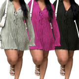 Lace up skirt flared long sleeved plus size dress