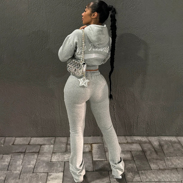 Embroidered hooded sweatshirt high waisted pants set