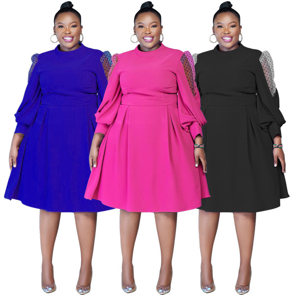 Polka dot mesh see through lantern sleeves waist cinched plus size dress
