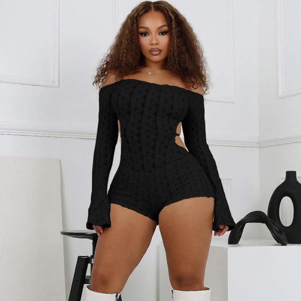 Off shoulder long sleeved high waisted hip hugging jumpsuit