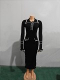 Color blocking lapel long sleeved knitted dress