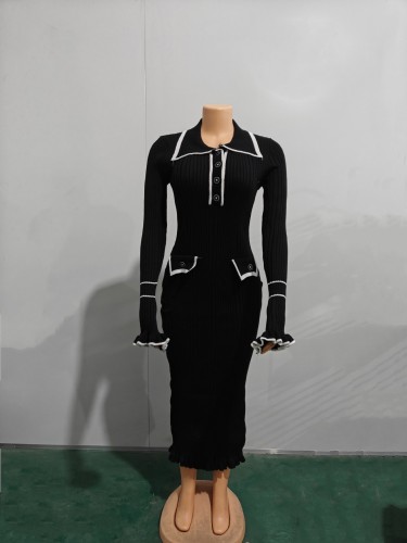Color blocking lapel long sleeved knitted dress