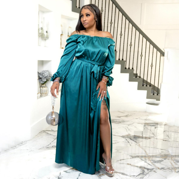 Chest hugging one shoulder lace up lantern sleeve dress with large swing