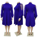 Polka dot mesh see through lantern sleeves waist cinched plus size dress