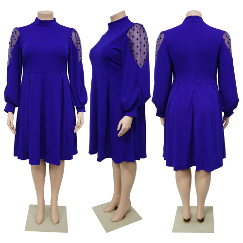 Polka dot mesh see through lantern sleeves waist cinched plus size dress