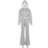 Embroidered hooded sweatshirt high waisted pants set