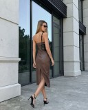Strapless PU leather split skirt