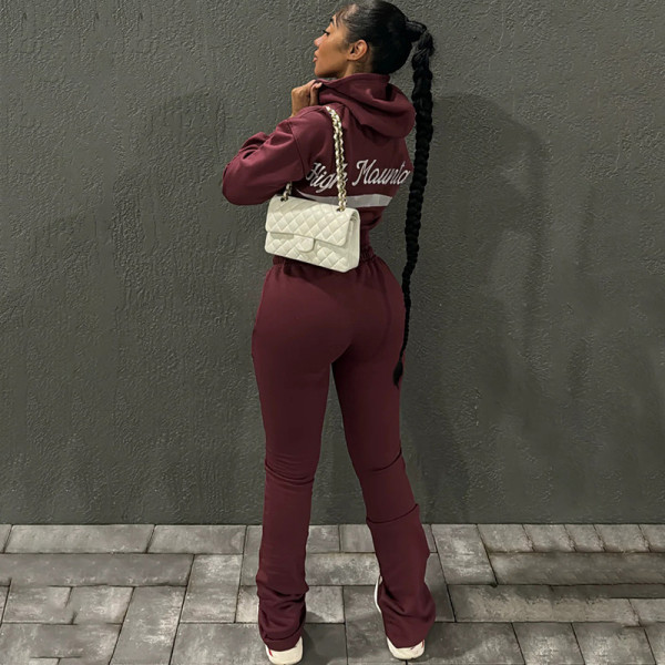 Embroidered hooded sweatshirt high waisted pants set